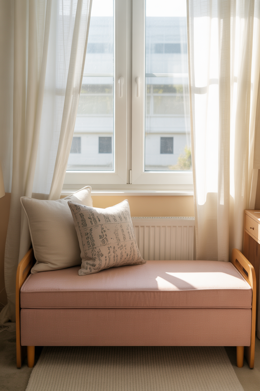 Statement pink upholstered bench under window in small bedroom for seating and storage