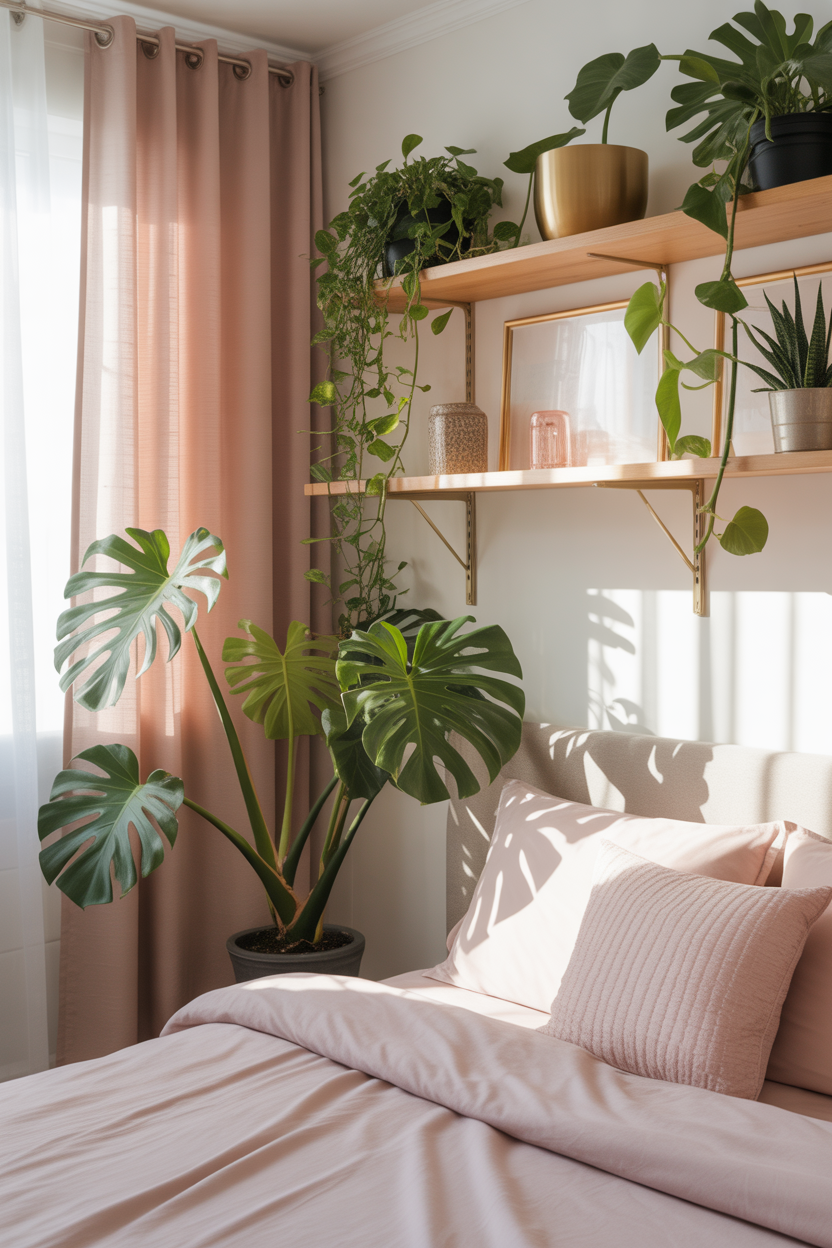 Bedroom with monstera and pothos plants as natural green decor against pink bedding for a fresh aesthetic