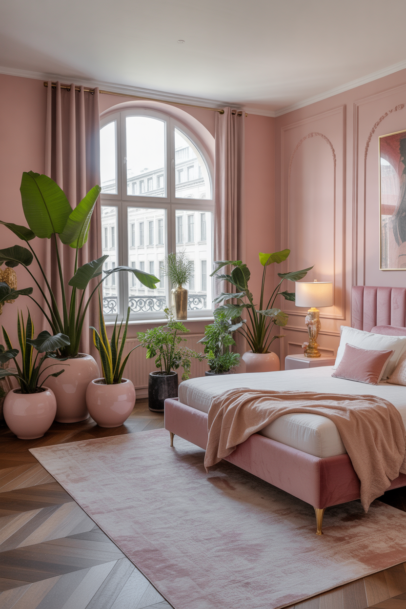 Maximalist bedroom with 15+ plants in pink pots creating a jungle aesthetic