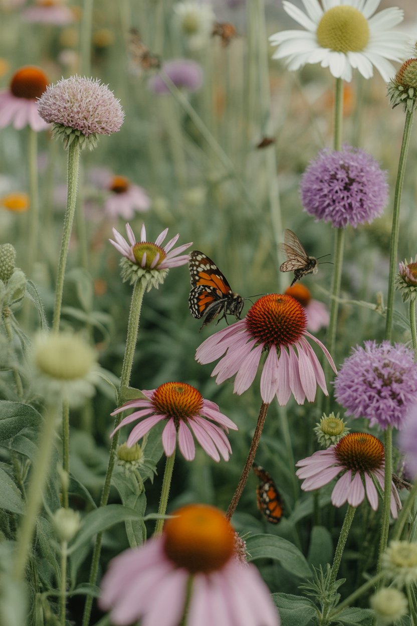 Pollinator-friendly cottage garden border with bees on echinacea, scabious, alliums, and verbena bonariensis