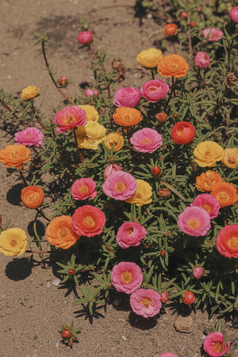 Colorful portulaca thriving as ground cover in a full sun summer garden