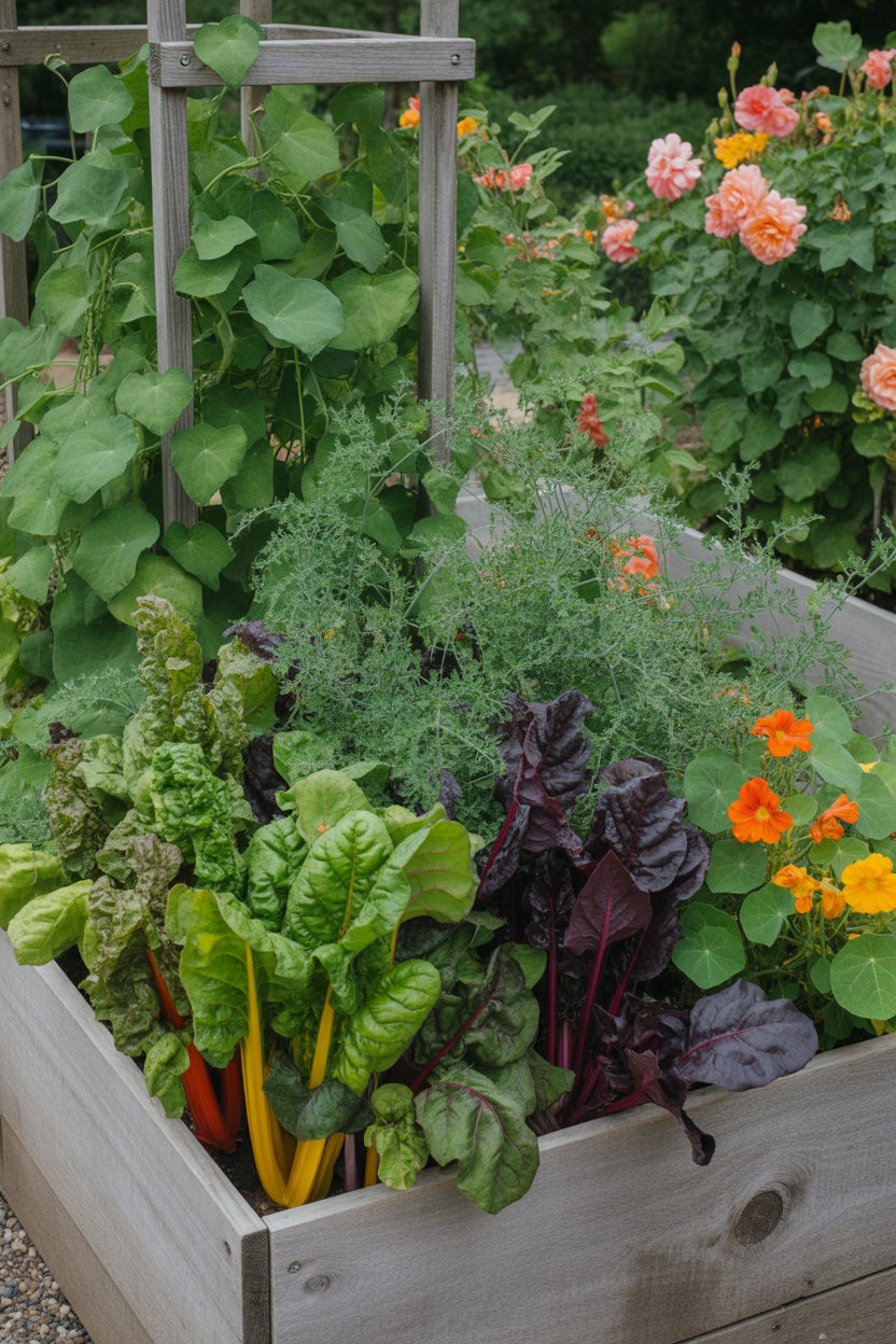 French potager garden style with edible plants and flowers mixed in raised beds
