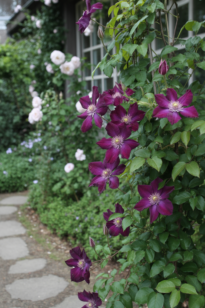 Deep purple clematis flowers in an enchanted fairy garden