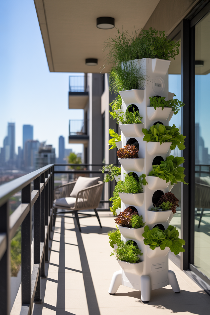 Vertical PVC pipe tower garden on apartment balcony with herbs and lettuce growing from cut-out holes along the sides
