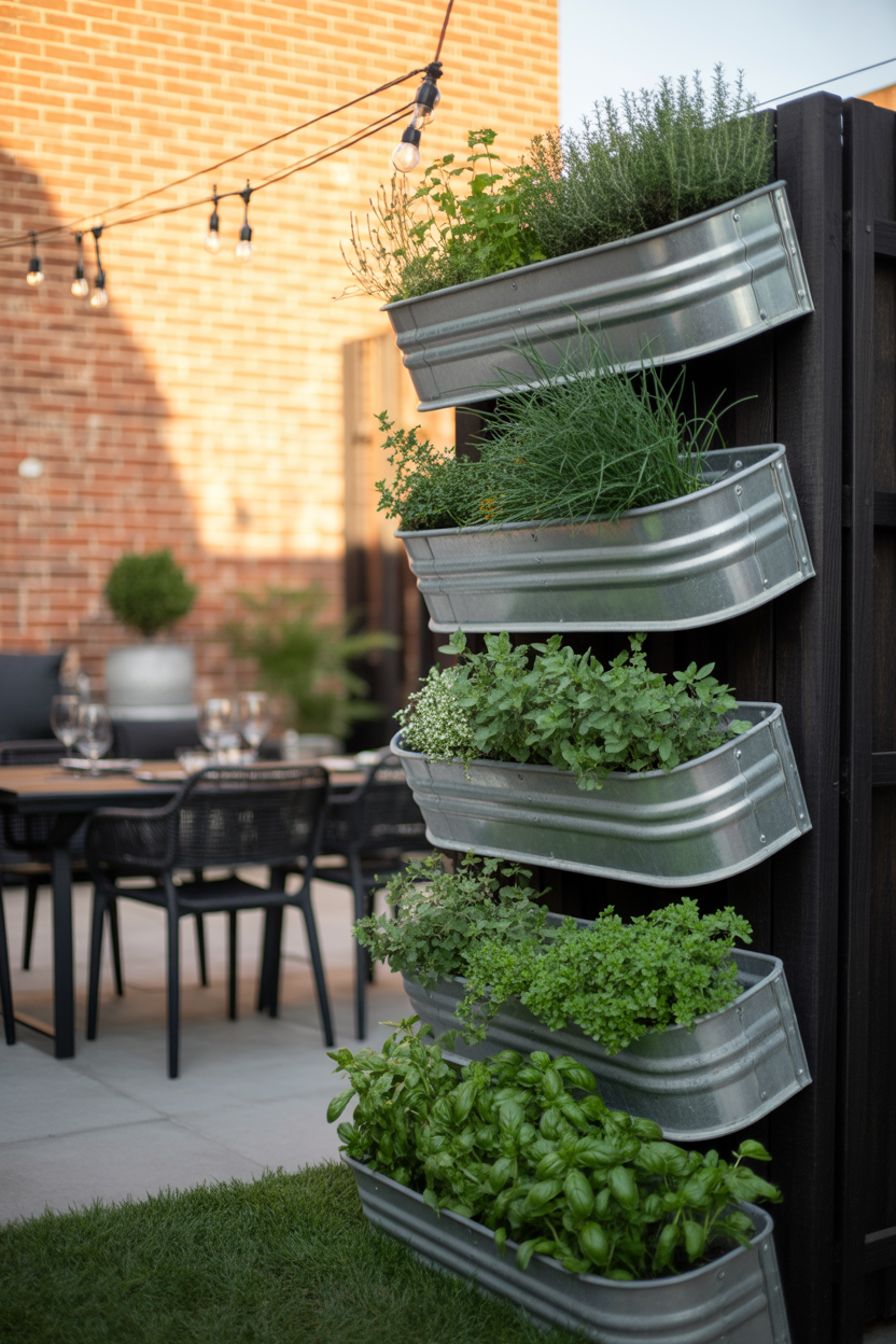 Tiered rain gutter vertical herb garden mounted on wooden fence with rows of fresh thyme and chives growing in each channel