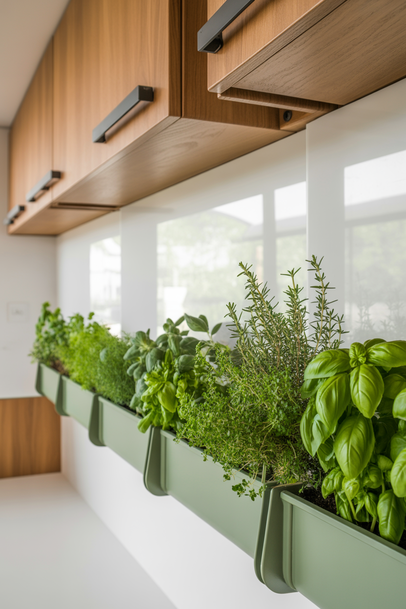 DIY rain gutter wall planters mounted horizontally with multiple herb varieties growing in a row.