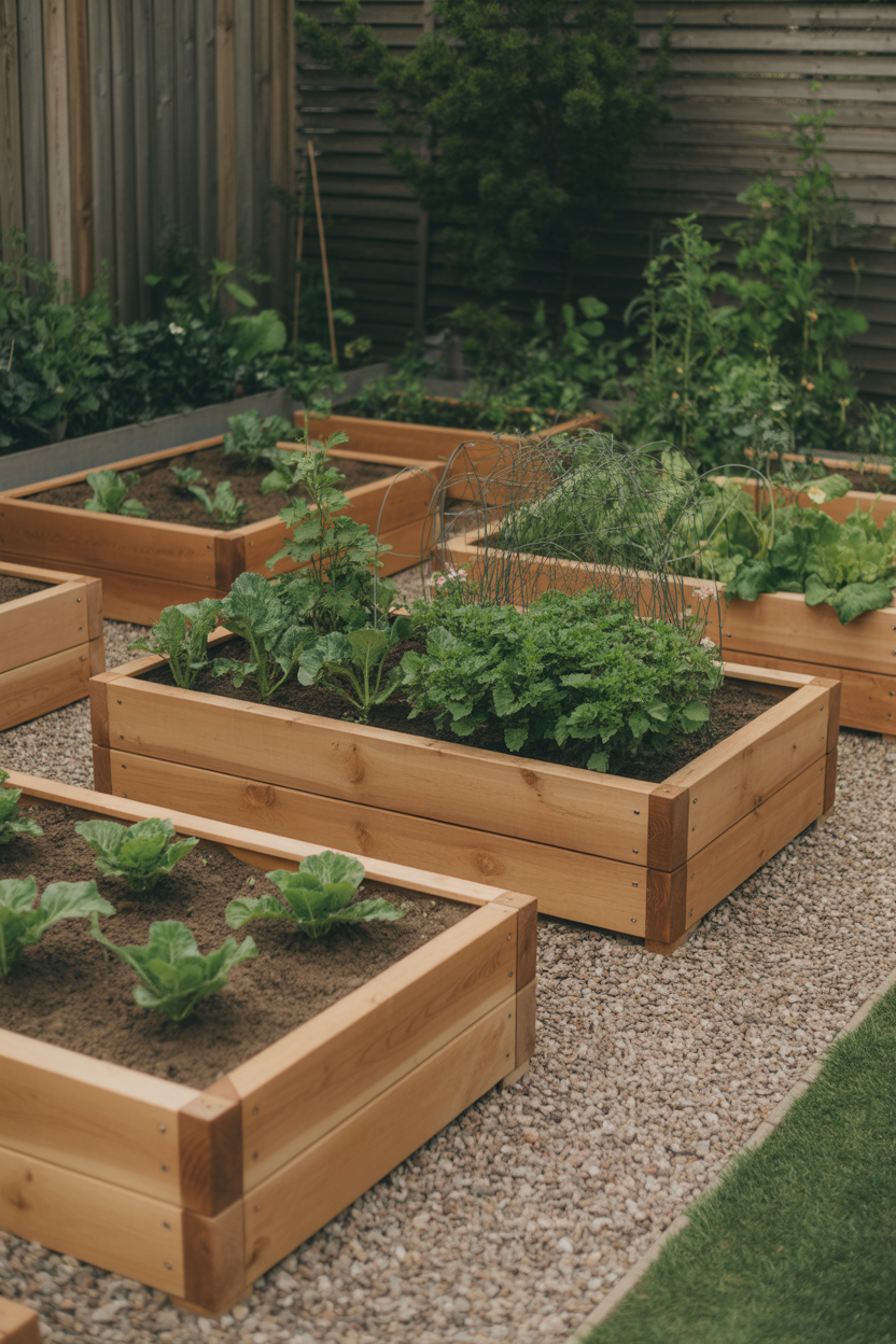 DIY raised cedar garden beds in a backyard summer vegetable garden