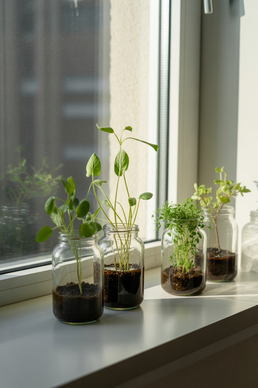 DIY hydroponic garden made from recycled plastic bottles in vertical layout