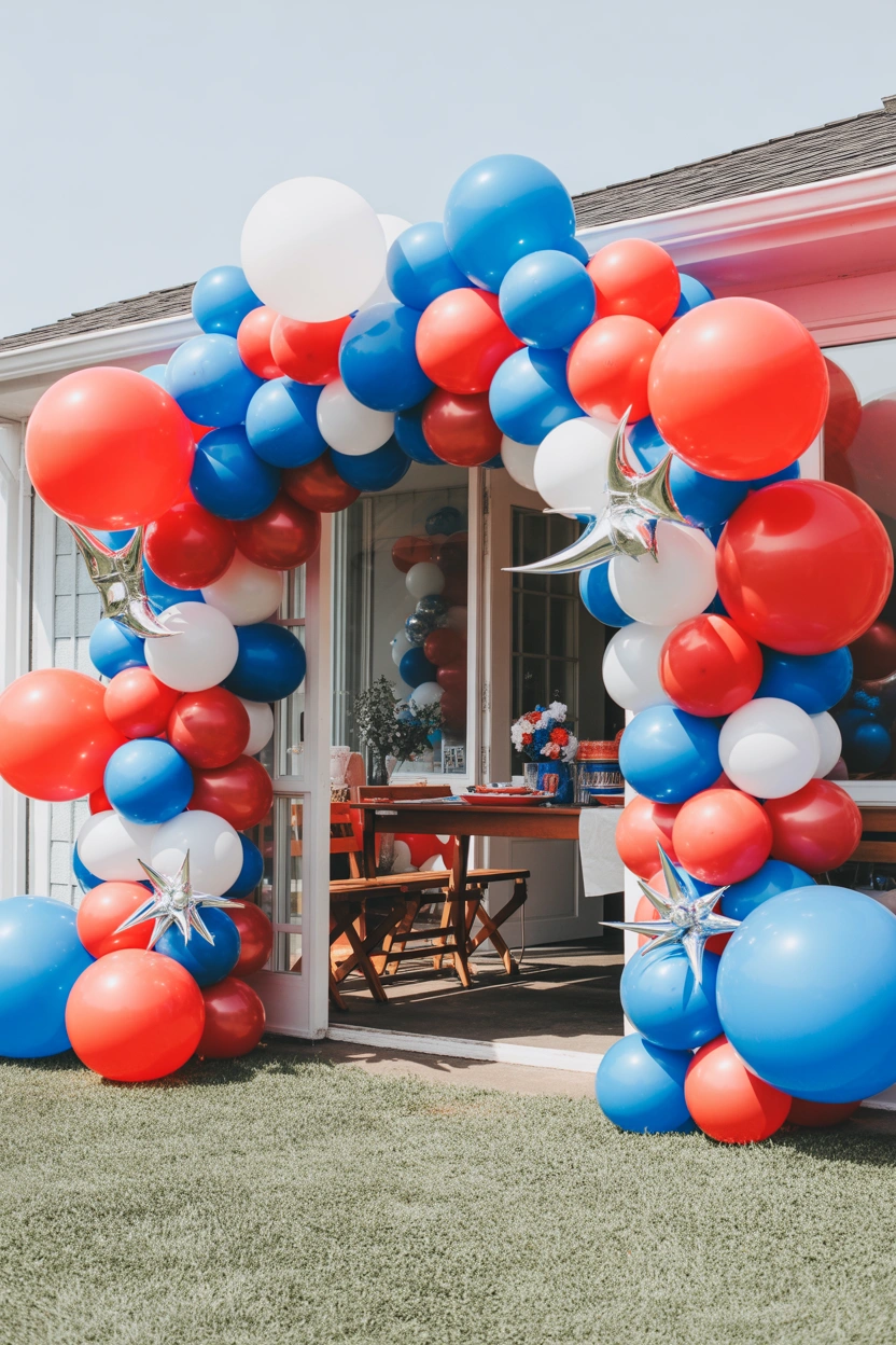 Red, white, and blue balloon arch over a doorway for a 4th of July party outdoor decor