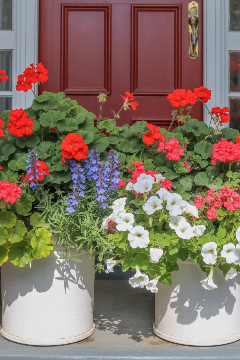 Red, white, and blue patriotic flower containers on a front porch for the 4th of July