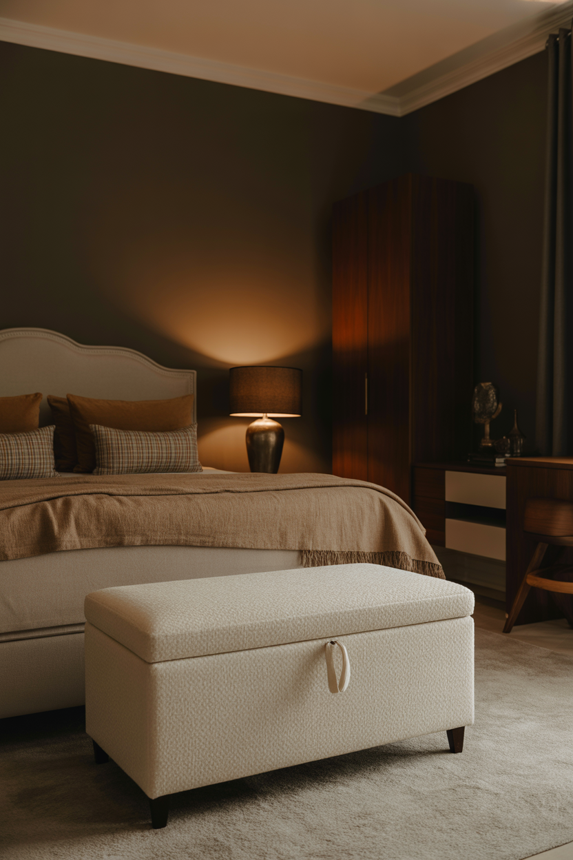 Cream boucle storage ottoman at the foot of the bed in a small renter-friendly bedroom, dual-purpose furniture