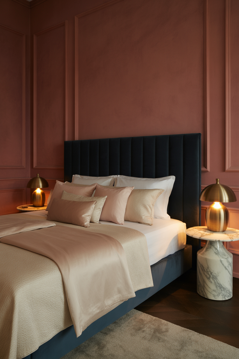 Romantic bedroom with dusty rose walls, midnight blue velvet headboard, and blush velvet bedding