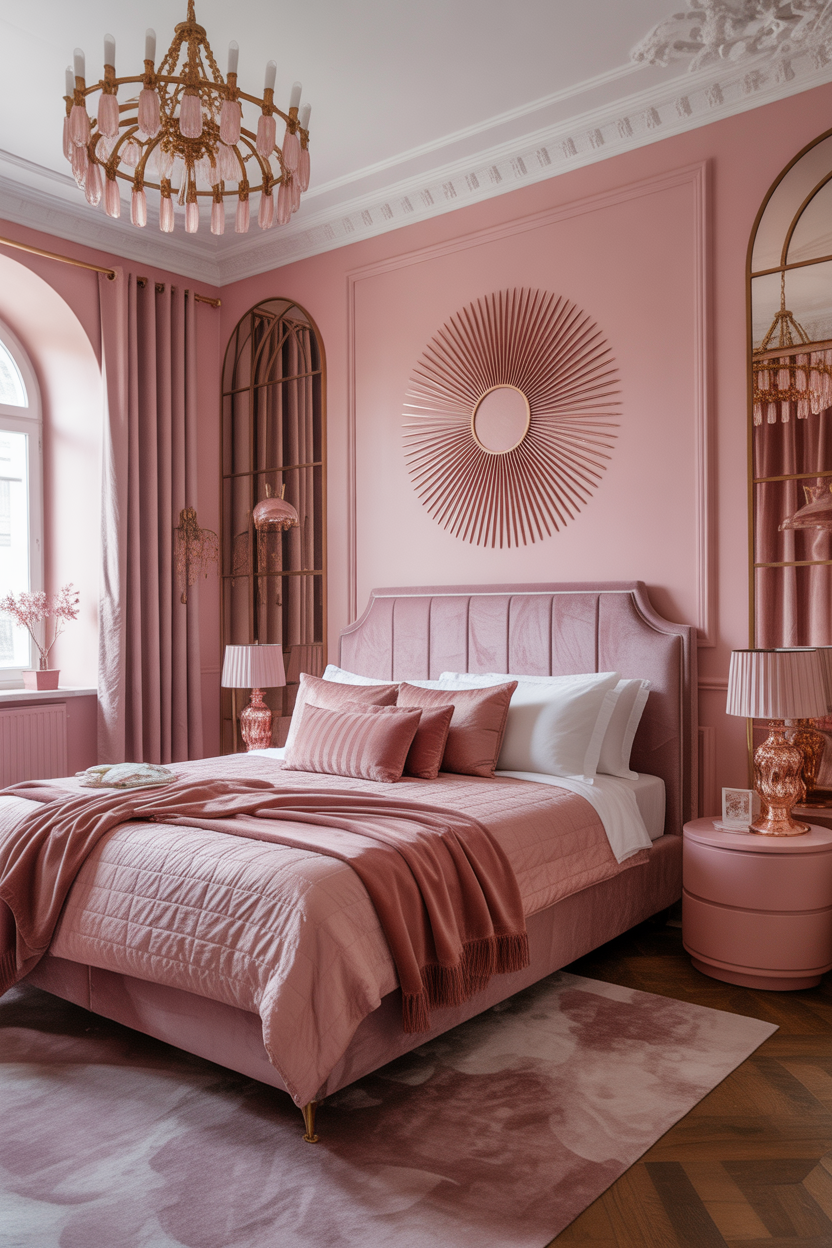 Pink maximalist bedroom with layered rose gold, copper, and brass accents