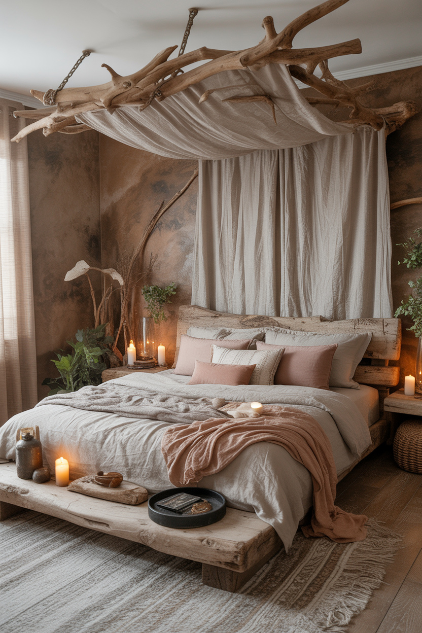 Rustic DIY canopy bed using natural wooden branch and linen fabric