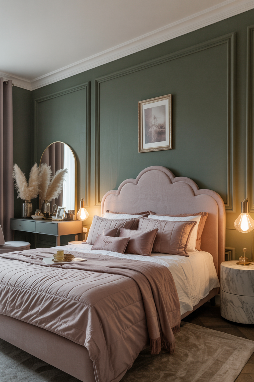 Sage green and dusty pink bedroom with linen bedding and rattan decor for a soft romantic aesthetic