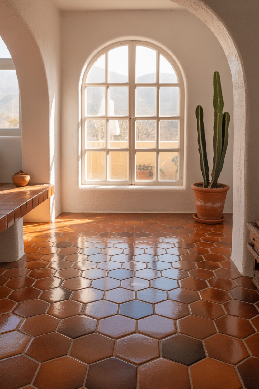 Saltillo terracotta hexagonal floor tiles in a warm Mexican-style living room with white stucco walls and natural light