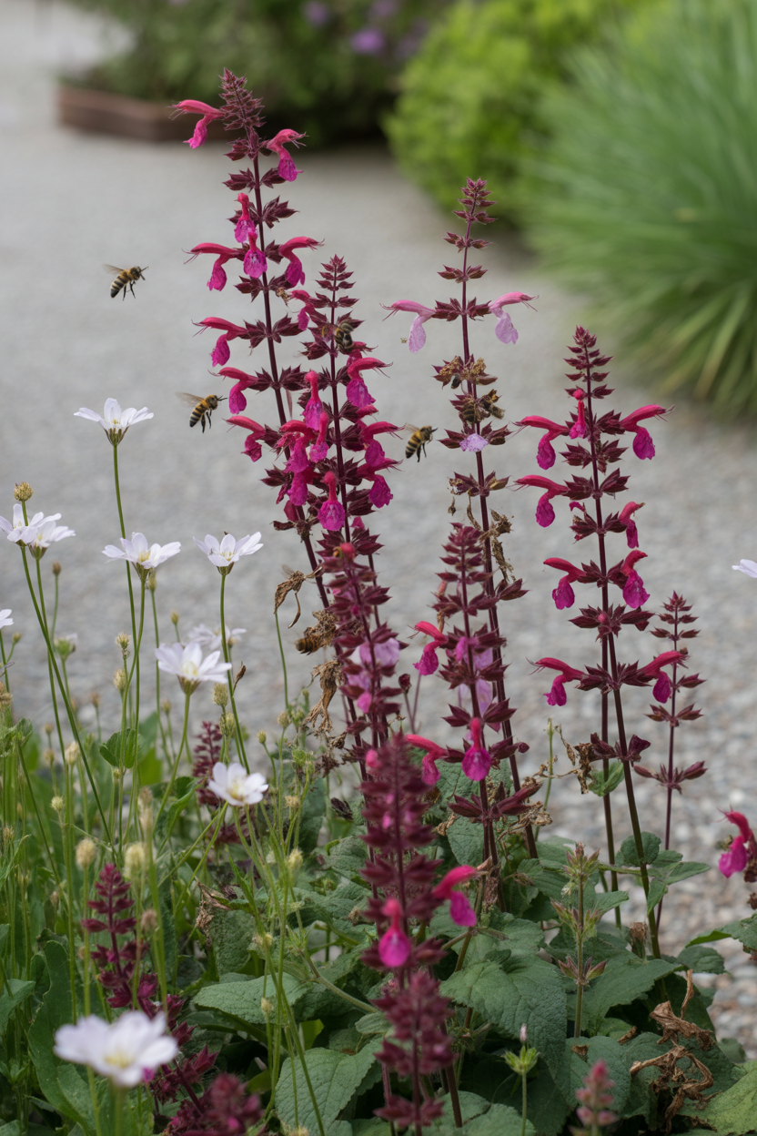 Purple salvia caradonna flowers attracting bees in a summer cottage garden border