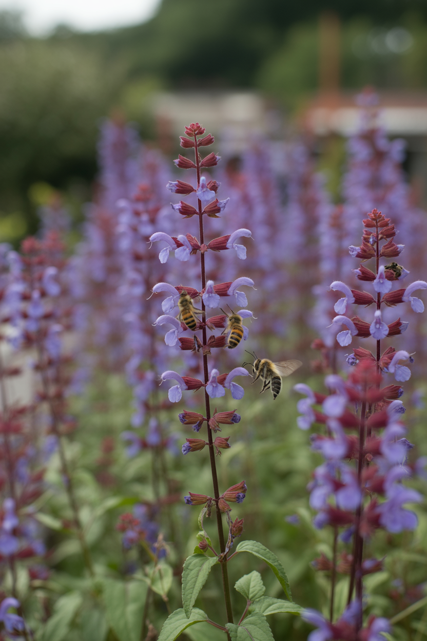 Salvia flowers blooming in a full sun summer garden, attracting pollinators