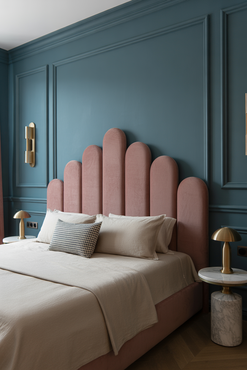 Scalloped pink headboard against a blue panel wall — pink and blue bedroom decor idea for adults