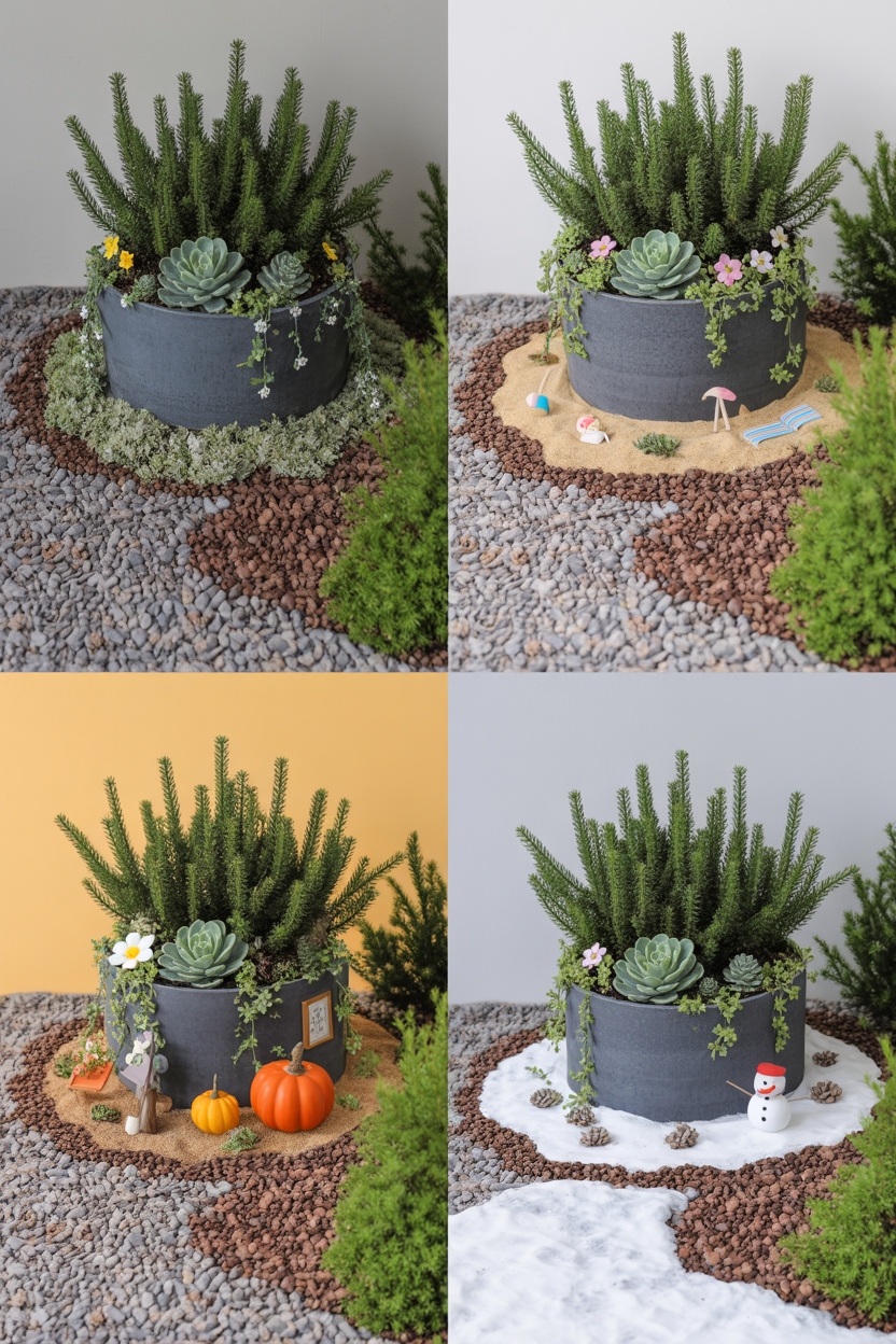 Fairy garden with interchangeable seasonal decorations showing multiple theme options