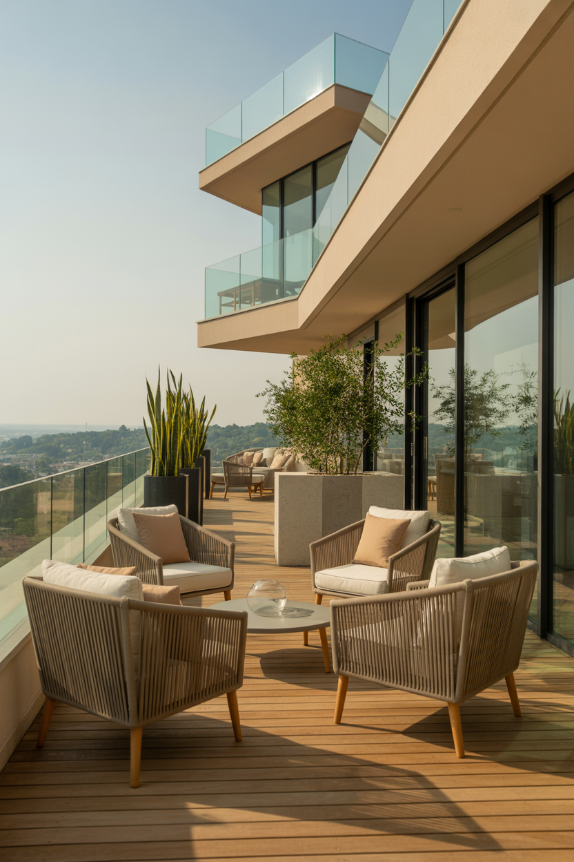 second-story house balcony with glass wind panel, teak furniture, tall planters, and panoramic view