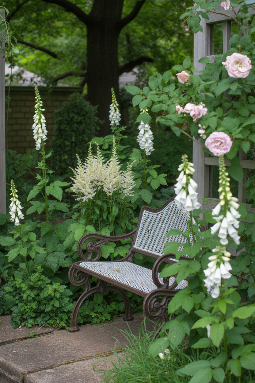 Hidden cottage garden corner with white foxgloves and astilbe surrounding a vintage iron bench
