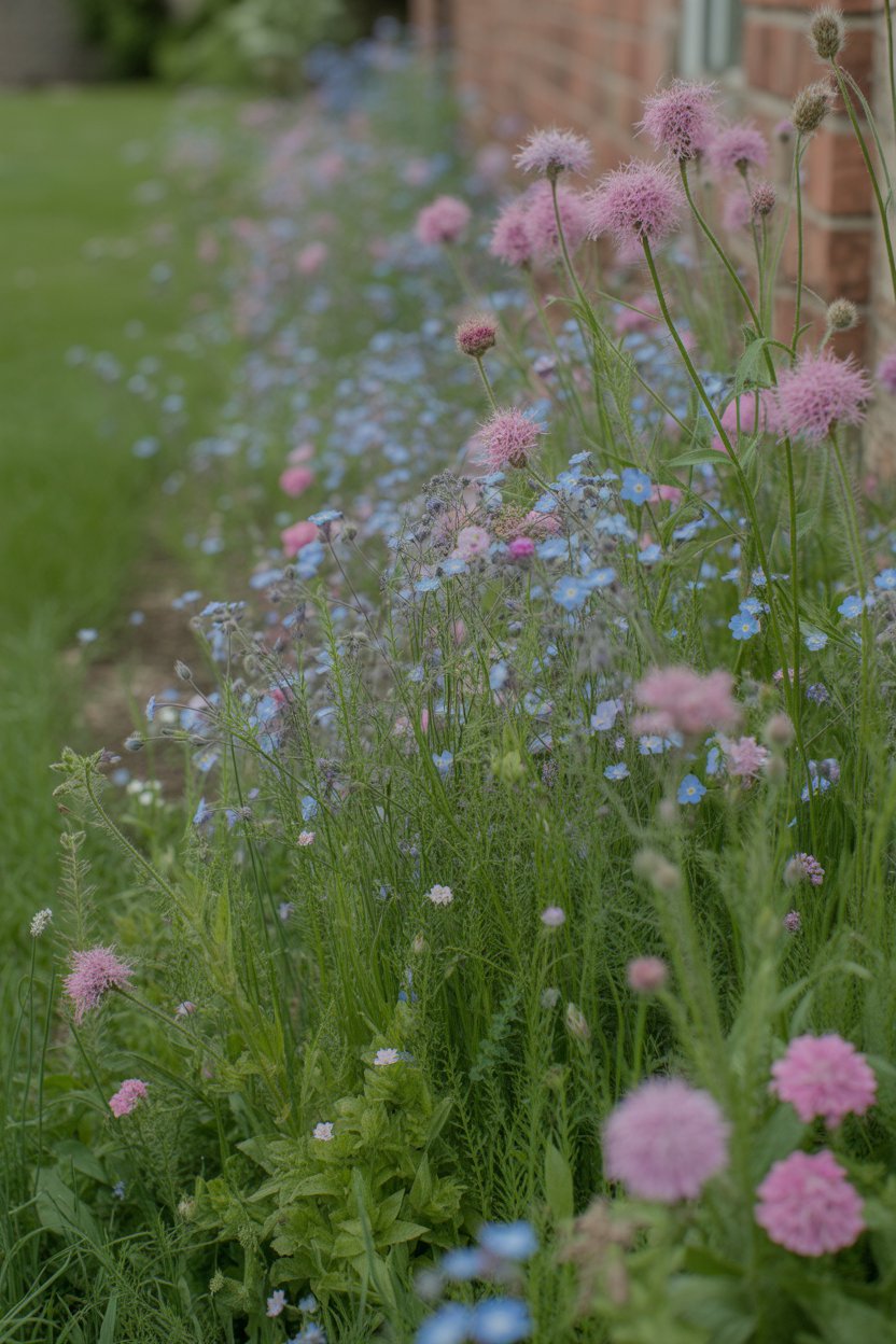 Cottage garden border with self-seeding flowers, including forget-me-nots and sweet William in natural drifts