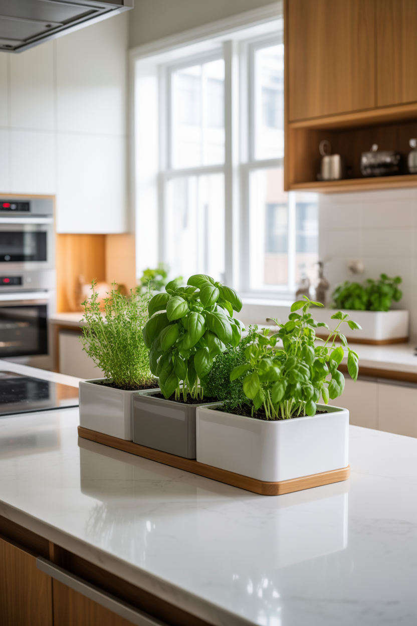 Modern self-watering indoor herb planter set on a bright kitchen counter