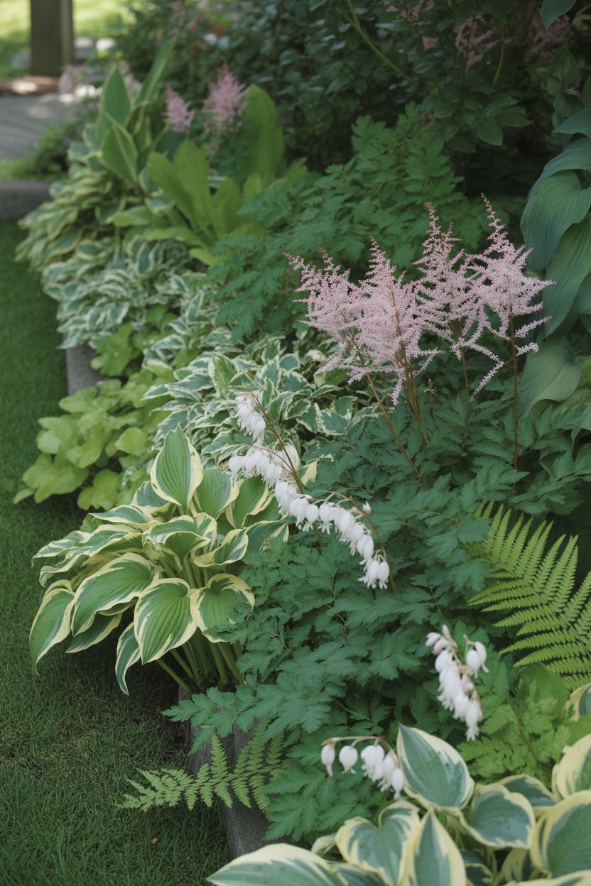 Shade cottage garden border with hostas, astilbe, bleeding hearts, and ferns in a woodland setting