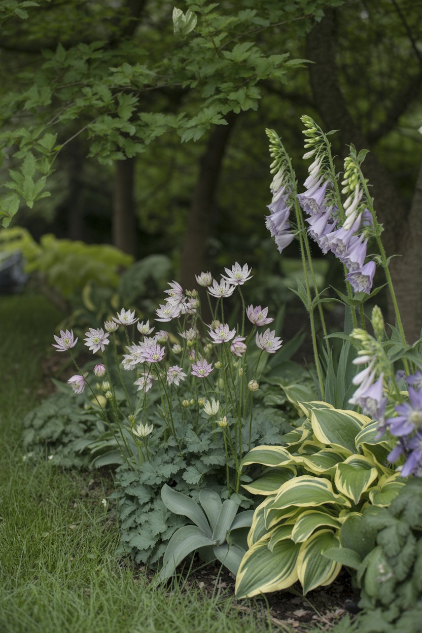 Shady cottage garden border with astrantia, aquilegia, foxgloves, and hellebores in soft whites and purples
