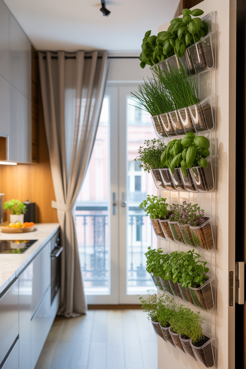 Over-the-door shoe organizer converted into a vertical herb garden with microgreens and chives growing in each pocket