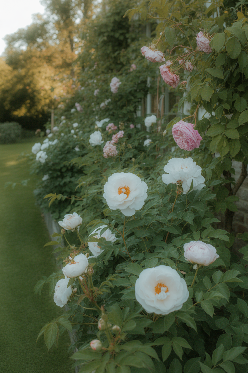 Layered white cottage garden border with peonies and Iceberg roses inspired by Sissinghurst garden design