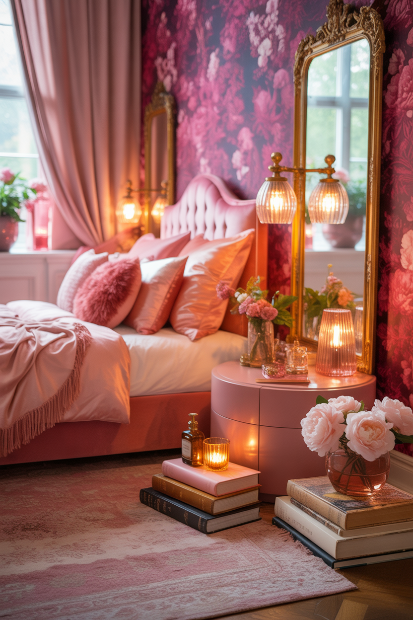 Luxury small pink maximalist bedroom with layered textures and bold pink decor