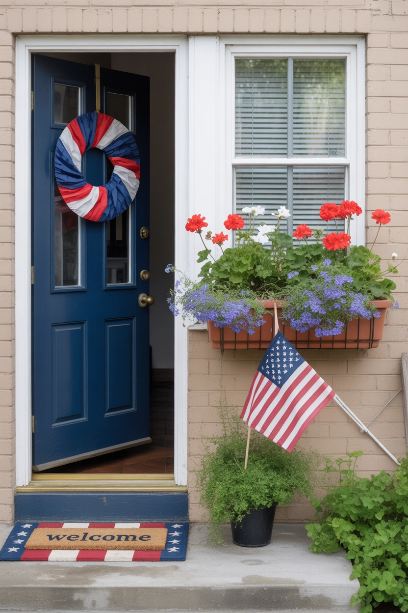 Small front porch or apartment balcony decorated for the 4th of July with a patriotic wreath and flowers