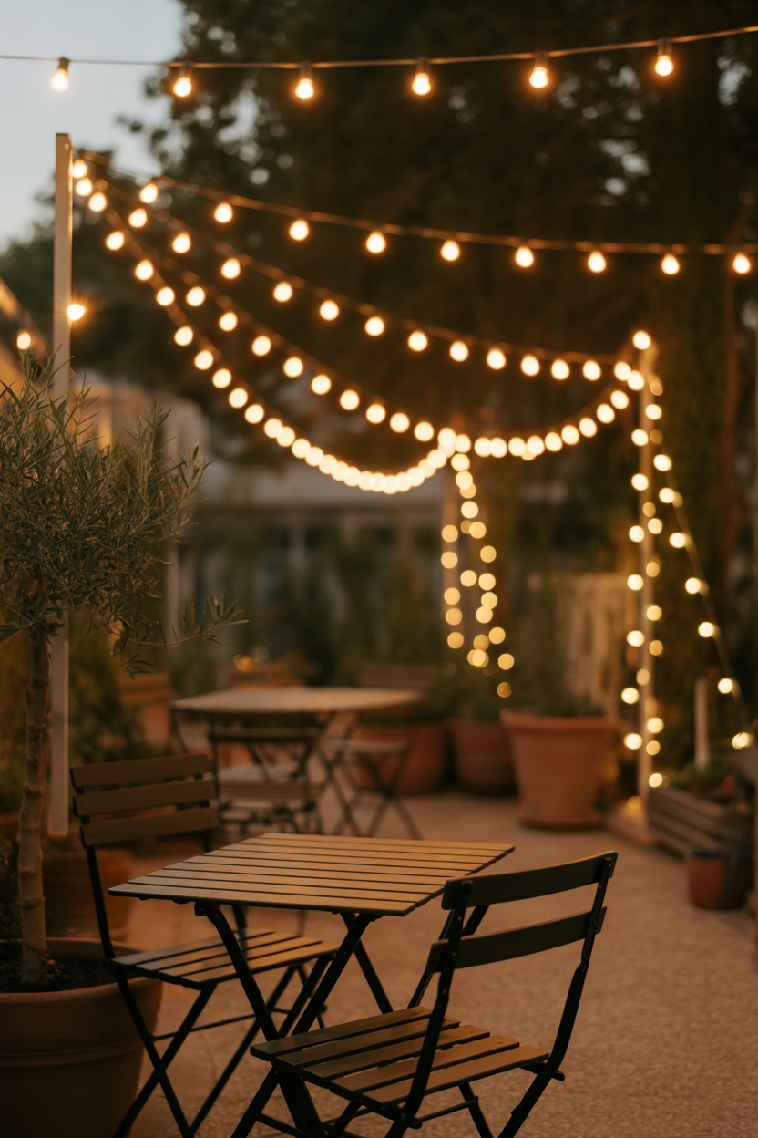 Solar fairy lights hanging in canopy style over a cozy summer garden patio at dusk