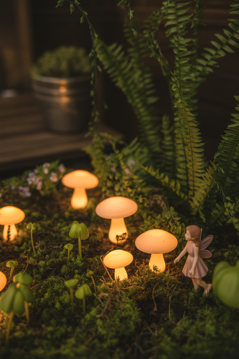 Solar-powered mushroom fairy garden glowing at night on an outdoor patio with moss and ferns