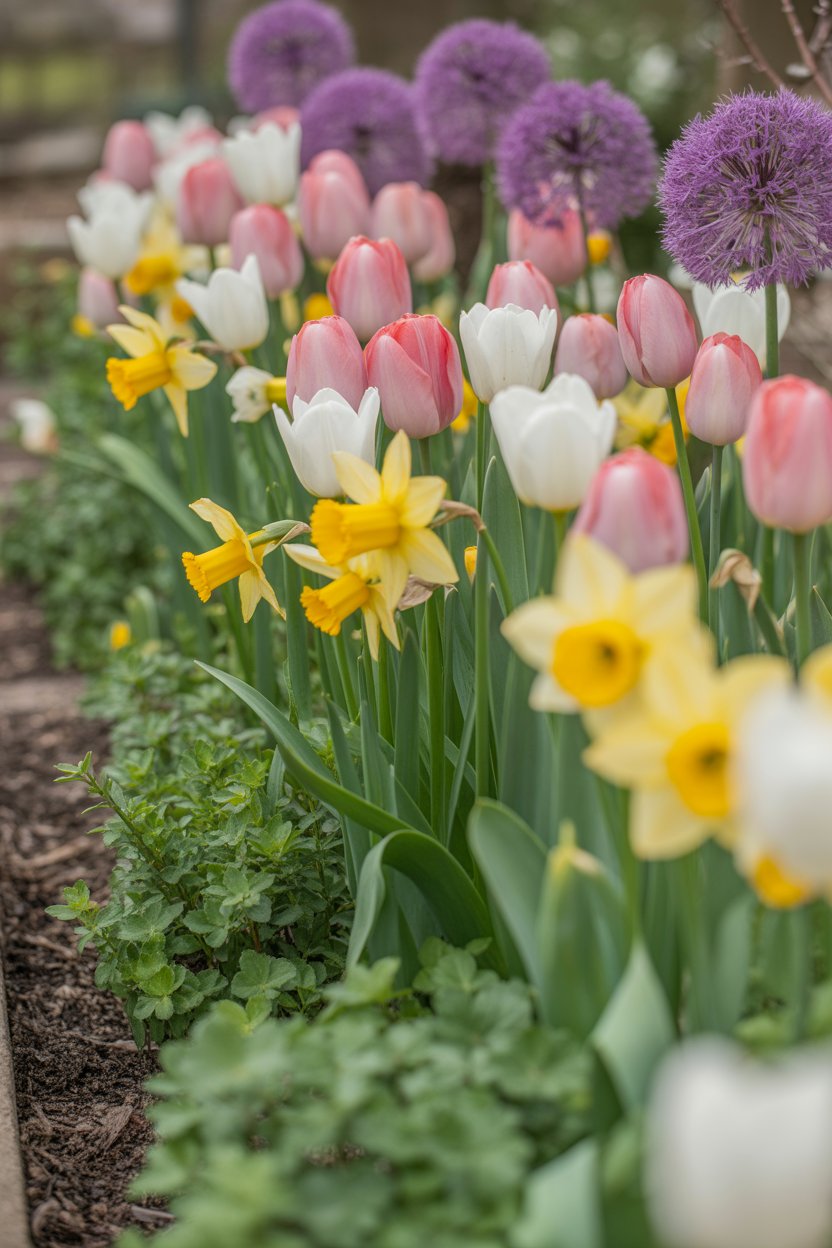 Cottage garden border with spring bulbs, including tulips, daffodils, and alliums, layered among emerging perennials