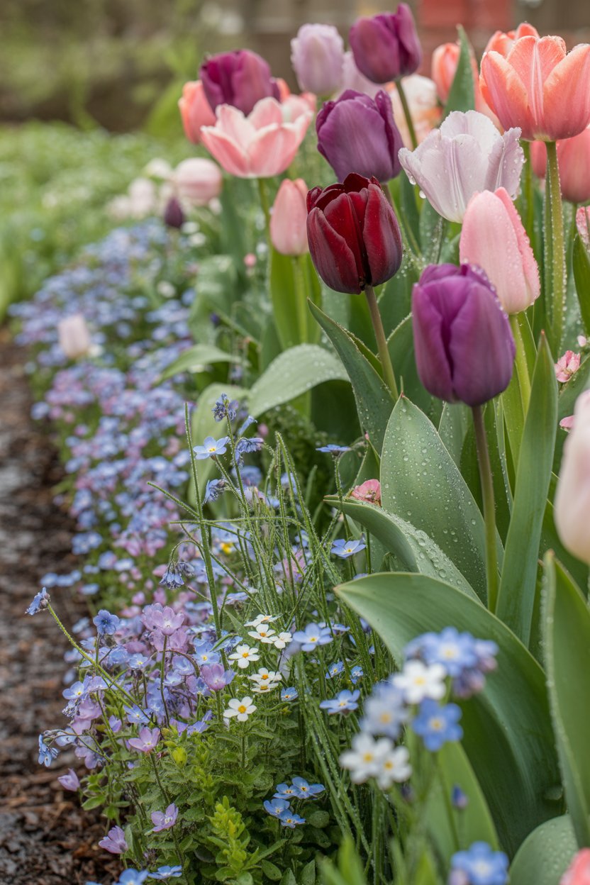 Spring cottage garden flower border with tulips, forget-me-nots, and honesty in pink, purple, and blue