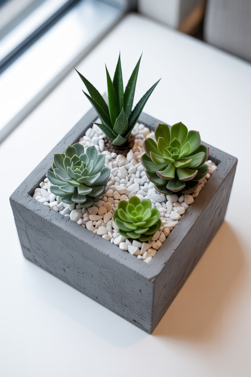 Modern minimalist fairy garden in a concrete planter with geometric succulents and contemporary décor