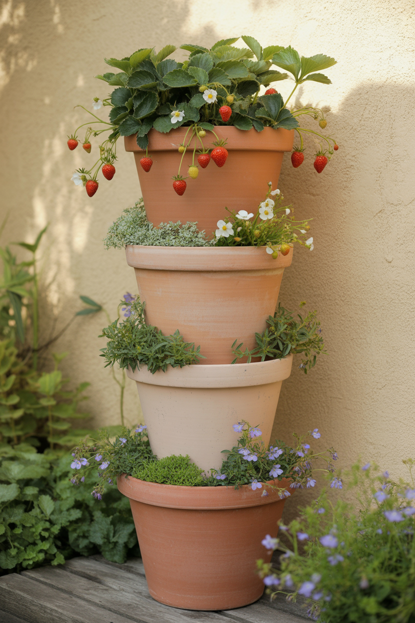  Stacked terracotta tower planter with trailing plants in a sunny summer garden
