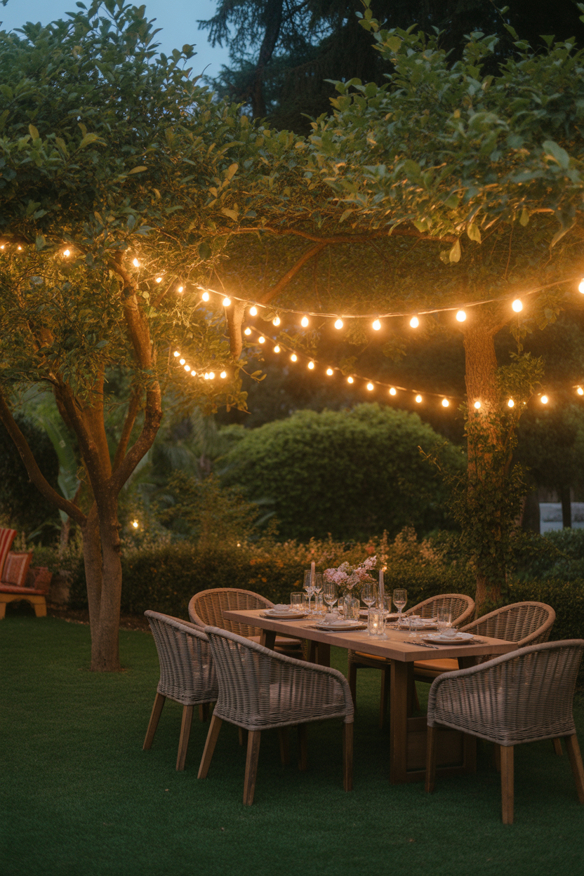 Artistic string lights creating a magical ambiance in a bohemian garden at twilight