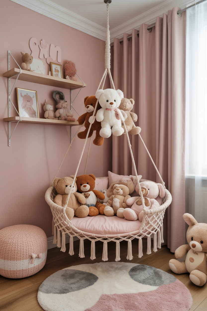 Stuffed animal display with hammock and floating shelves in a pink maximalist kids' bedroom