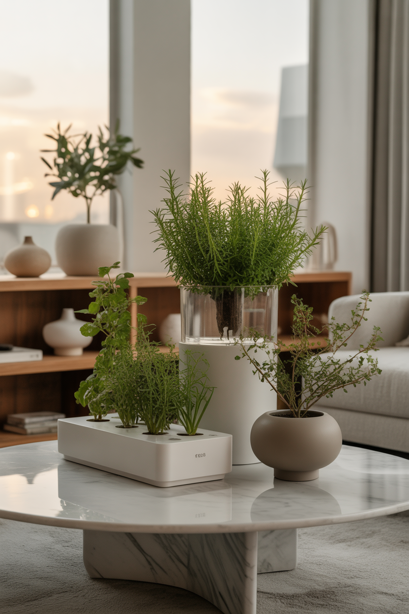 Modern hydroponic plants styled as home decor in a clean aesthetic space