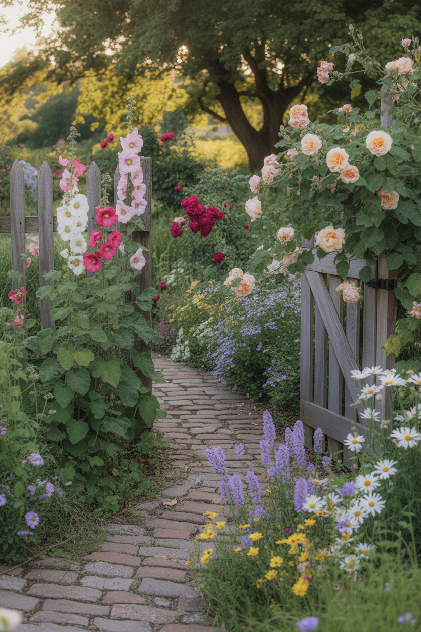 Beautiful summer cottage garden pathway surrounded by colorful blooming flowers and lush greenery
