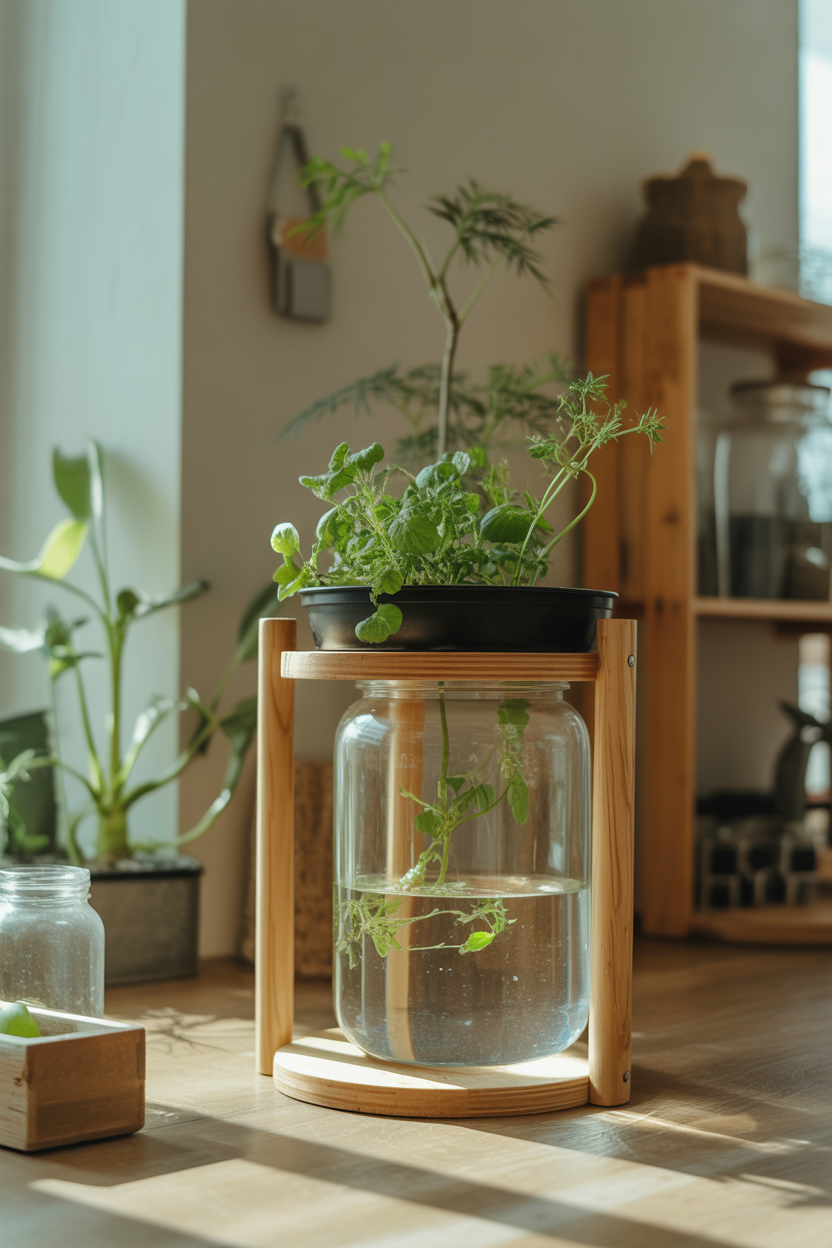 Eco-friendly indoor hydroponic garden using recycled containers and natural styling