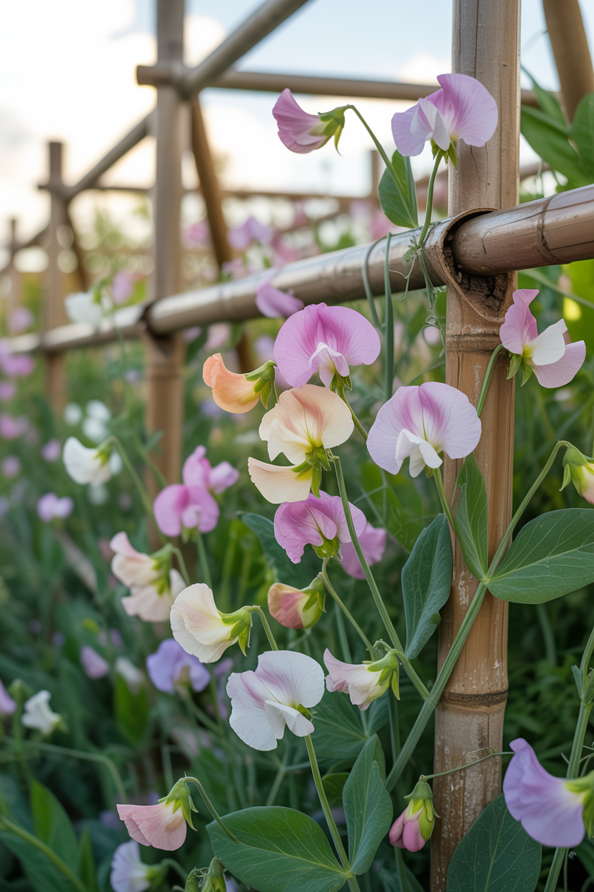 Pastel sweet pea flowers climbing a rustic garden trellis