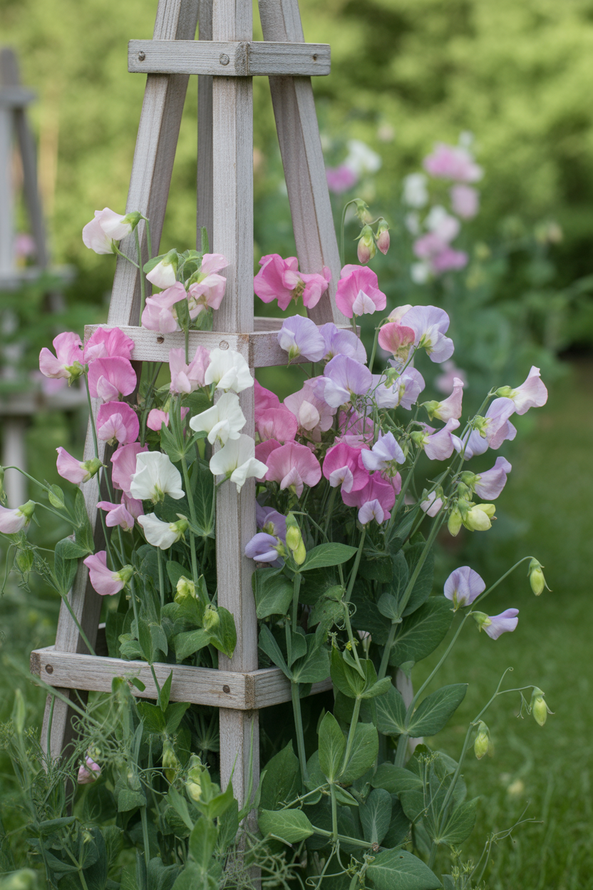 Pink and lilac sweet pea flowers climbing a wooden obelisk in a romantic cottage garden