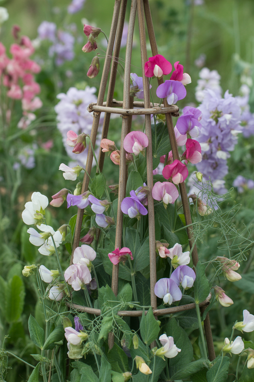 Sweet peas climbing rustic hazel wigwam supports in a cottage garden in pink, purple, and lilac