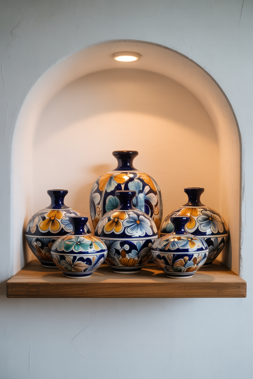 Cluster of authentic multicolor Talavera pottery in varying heights displayed on open wooden shelf with warm accent lighting