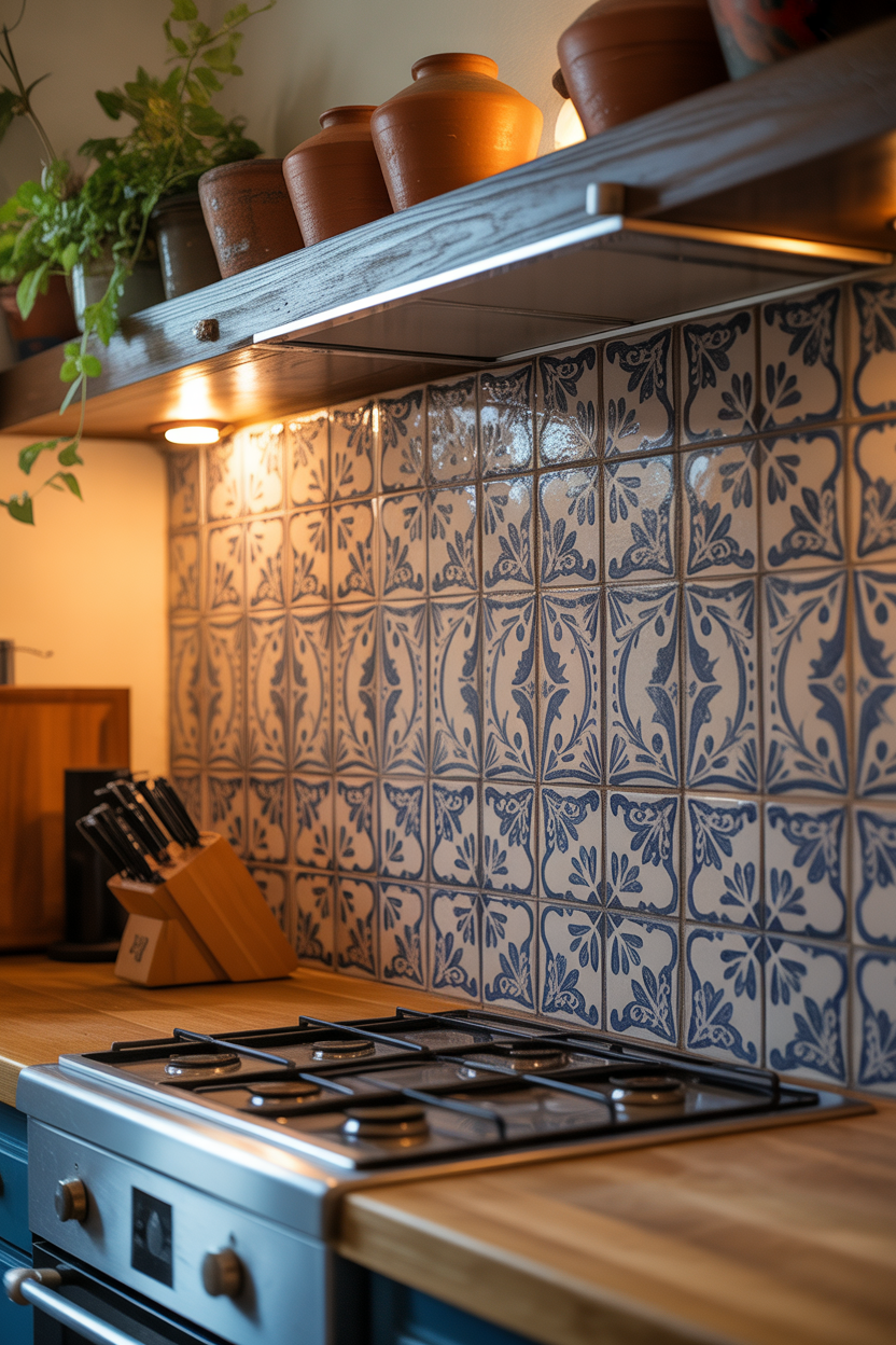 Hand-painted blue and white Talavera tile backsplash in a rustic Mexican-inspired kitchen with open wooden shelving